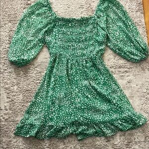 Amazon Green and White Long Sleeve Smocked Mini Dress